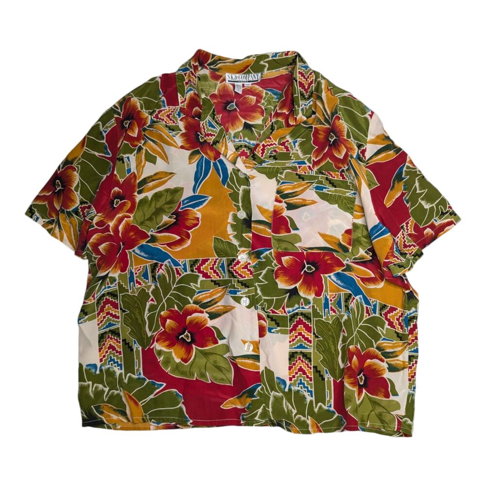 Vtg 1990s SK & Company Green Red Tropical Floral Button Up Silk Aloha Shirt 18W